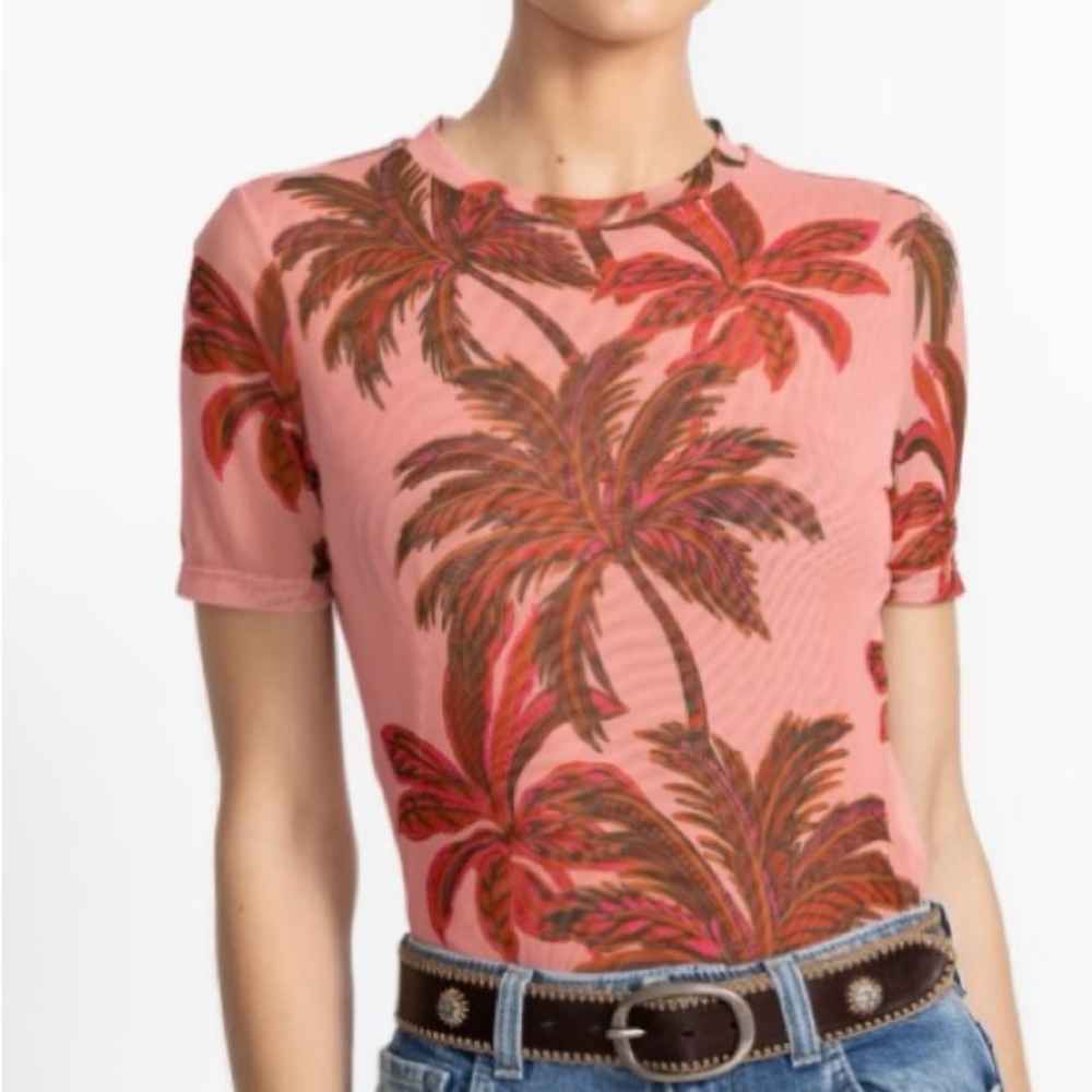 Johnny Was Pink Palm Print Short Sleeve mesh Top